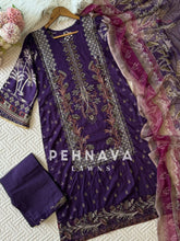 Purple Cotton Embroidered Suit with Chiffon/Cotton Dupatta-3374