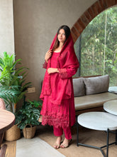 Cotton embroidered suit with cota Dupatta-Red 154