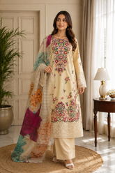 Multi Color Floral Embroidered Three Piece Set-LRC372