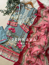 Printed Casual Suit with organza patches-blue N pink 515