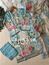 Printed Casual Suit with organza patches-Blue