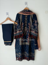 Embroidered cotton suit with chiffon dupatta -3374 peacock blue