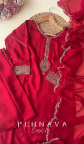 Premium russian silk suit with hand work detailings-warm red