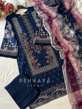 Embroidered cotton suit with chiffon dupatta -3374 peacock blue