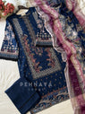 Embroidered cotton suit with chiffon dupatta -3374 peacock blue