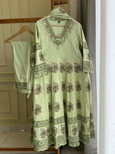 Cotton Floral-Anarkali with lace work and embroidered neck