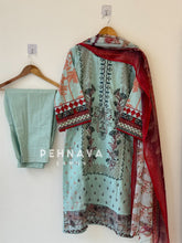 Embroidered cotton suit with chiffon dupatta -blue/pink 3374