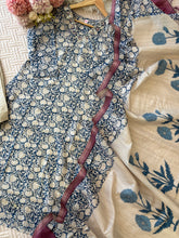 Chandheri- Silk Floral 3 Piece Suit- Blue N White