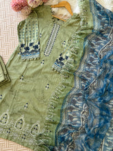 Pure cotton suit with embroidered top and dupatta-english green