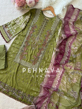 Green Cotton Embroidered Suit with Chiffon/Cotton Dupatta-3374