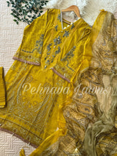 Printed Casual Suit with organza patches-yellow 495