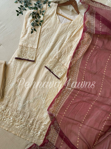 Offwhite embroidered  suit with chiffon/cotton dupatta -1008