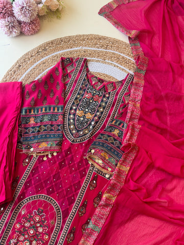 Pure crepe pakistani printed suit-hot pink