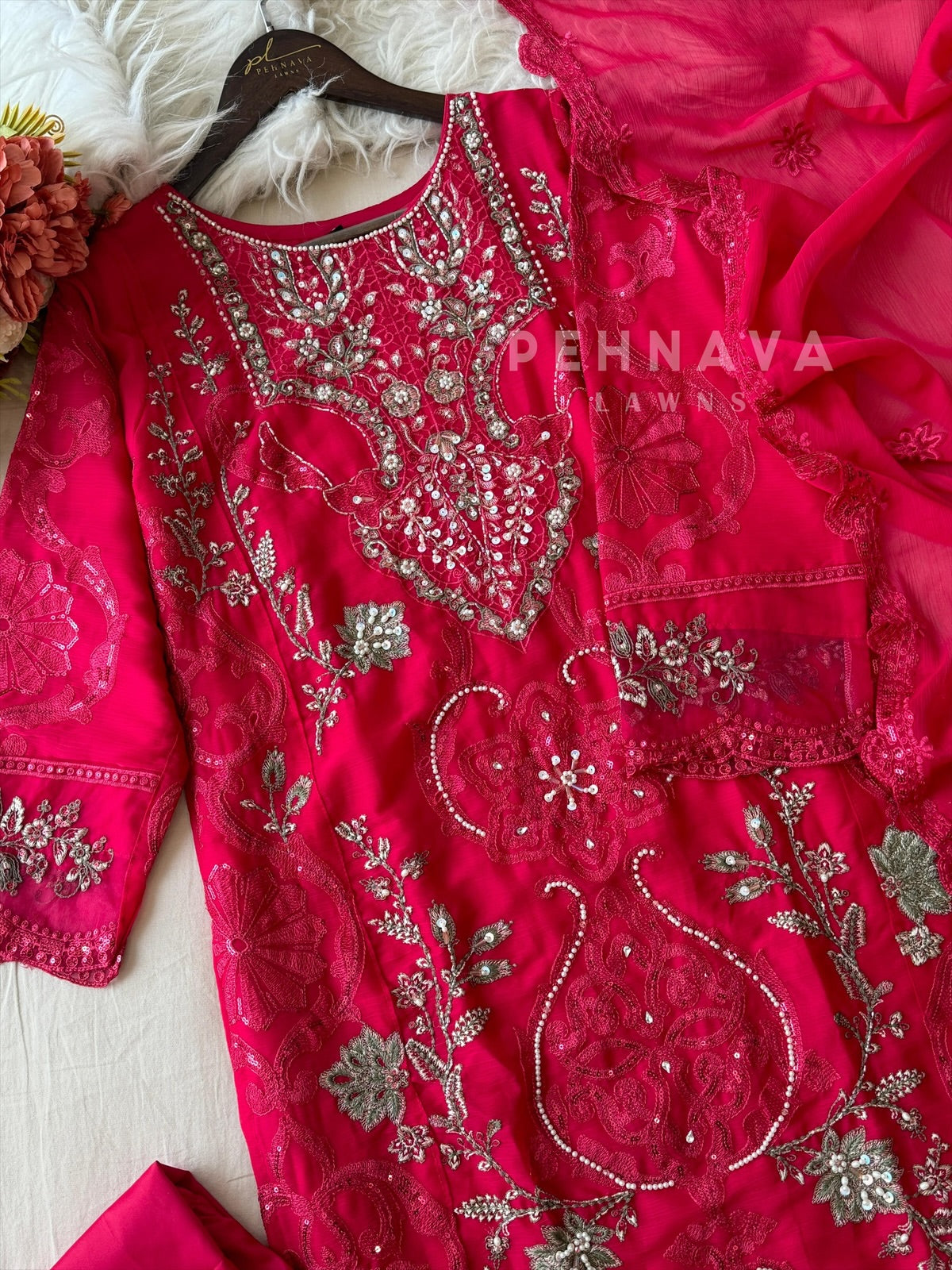Embroidered Chiffon Suit Set-5232 E