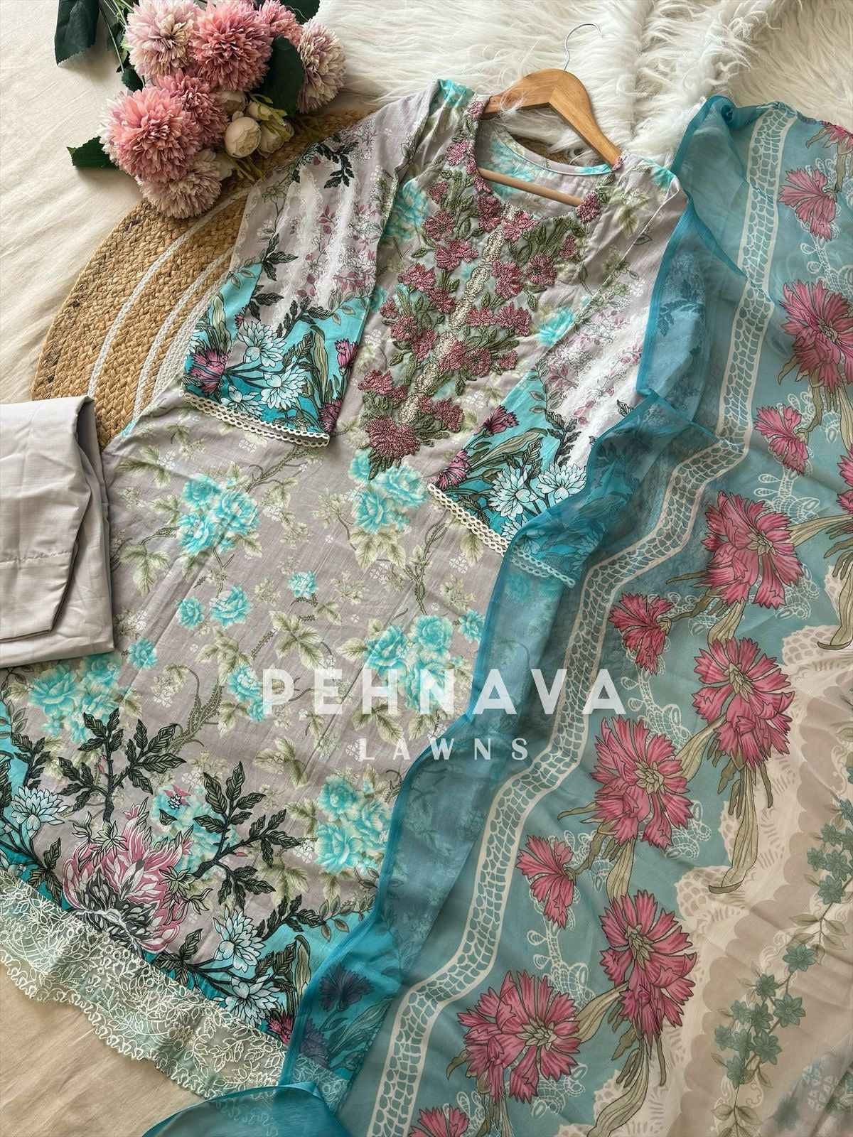 Pakistani printed cotton suit with embroidered patches -9088