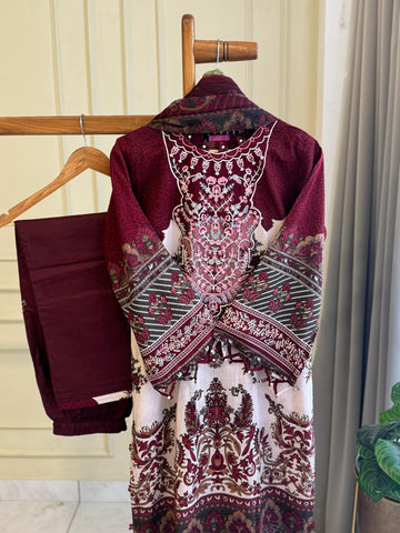 Maroon Cotton Embroidered Floral Suit-3