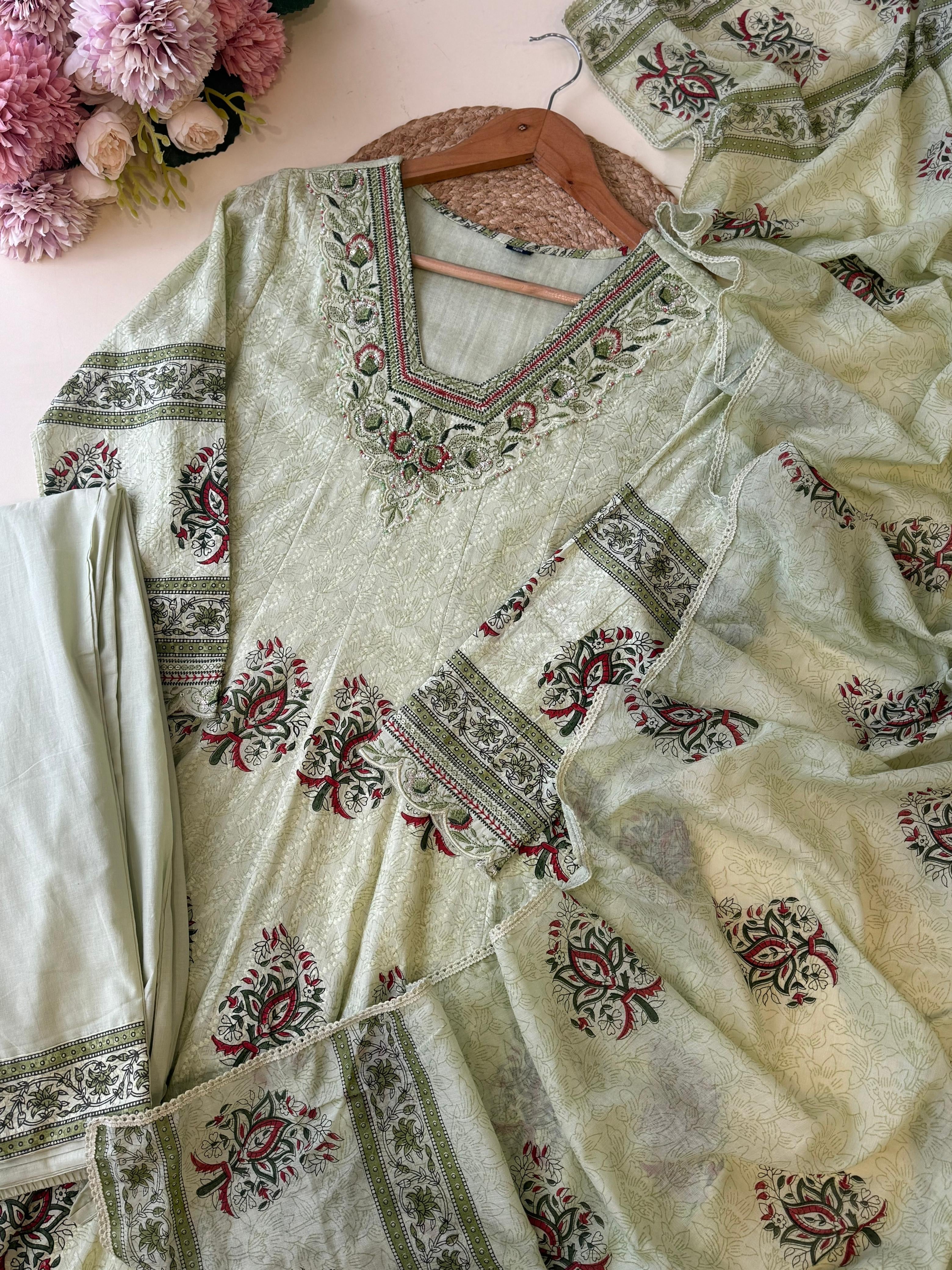 Cotton Floral-Anarkali with lace work and embroidered neck