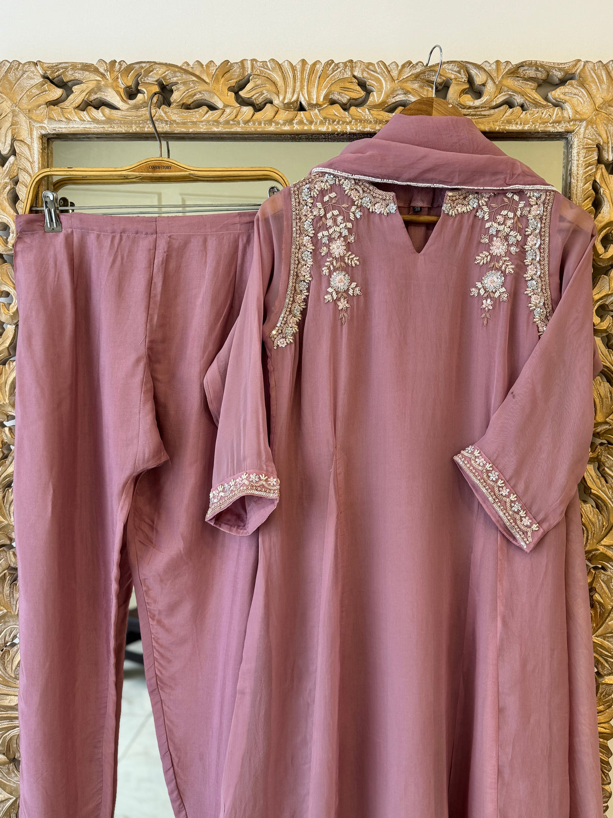 Pure organza aline suit with neck detailing-color options available