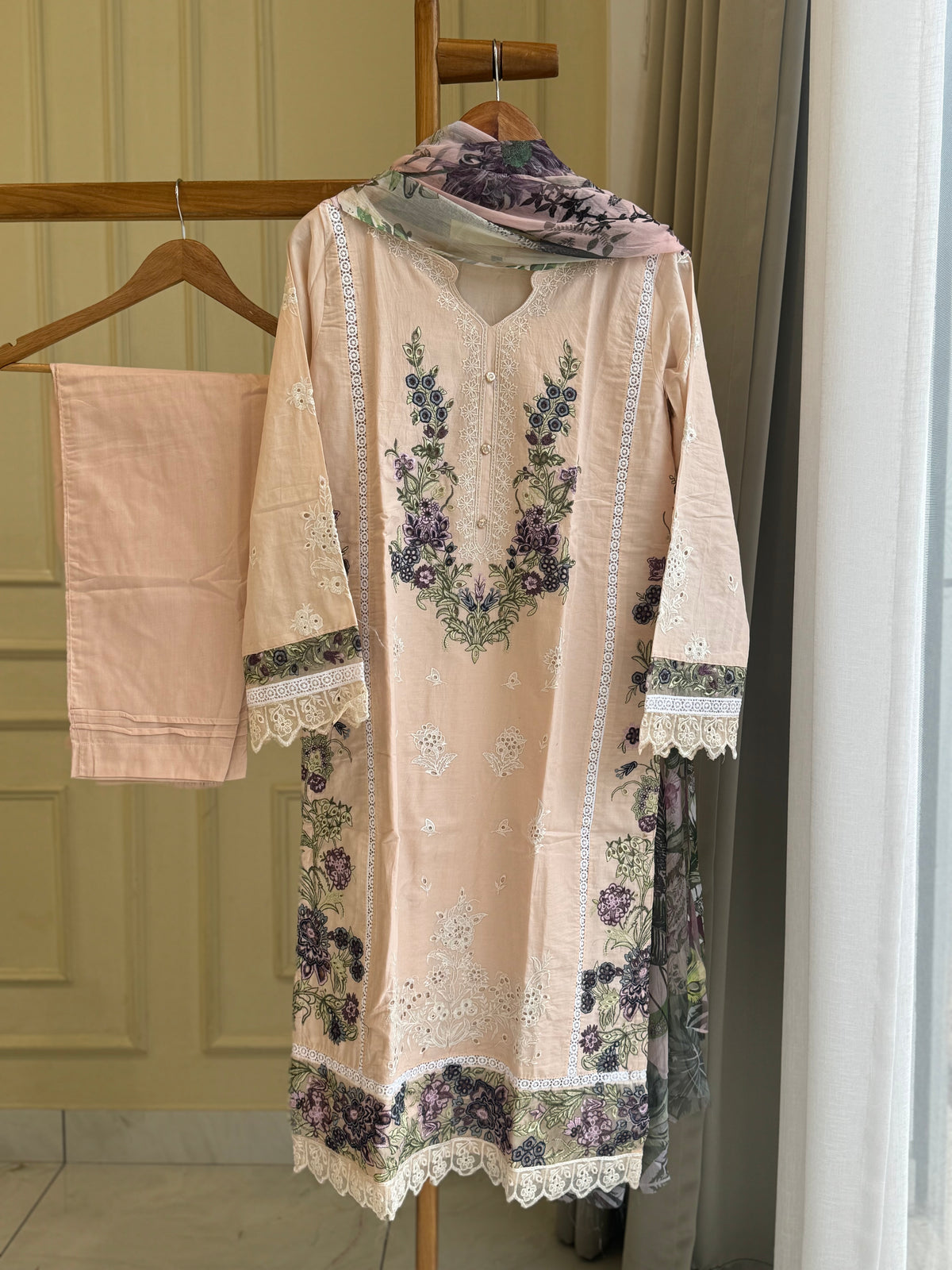 Cotton Embroidered Suit with digital printed dupatta-3565