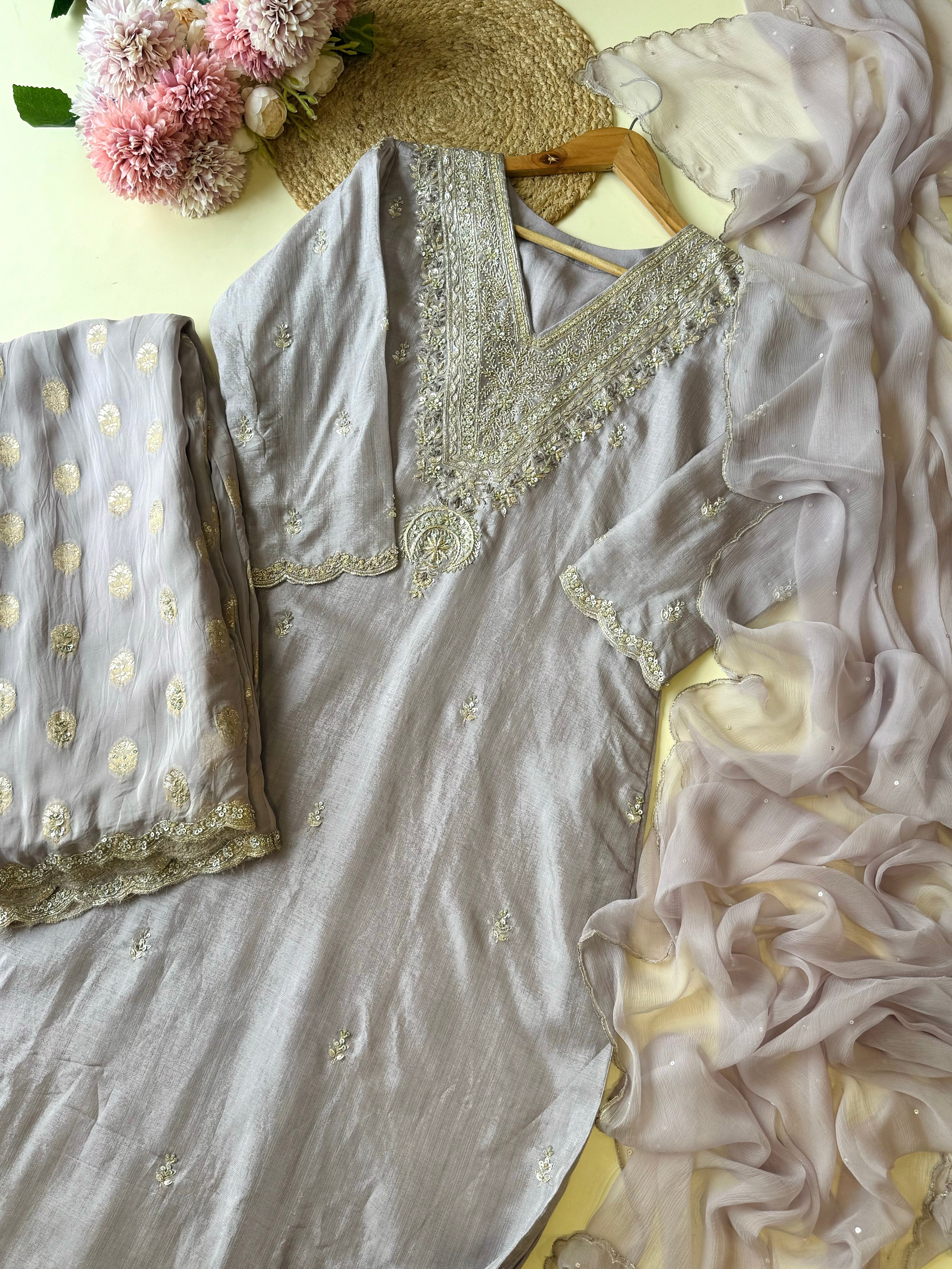 Handworked silk Suit with hand detailed brocade bottoms 9803