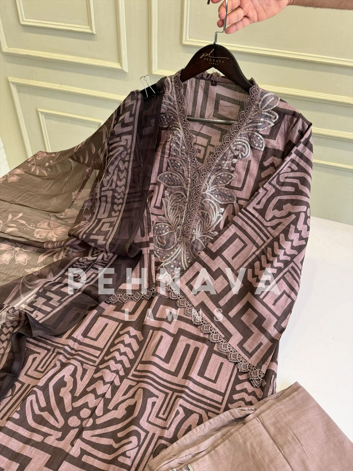 Embroidered Lawn Suit with Printed Dupatta-Chiffon/Cotton-7