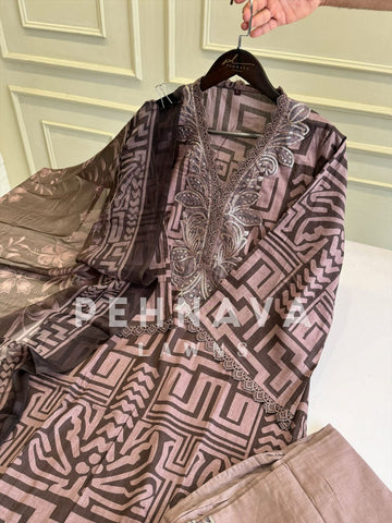 Embroidered Lawn Suit with Printed Dupatta-Chiffon/Cotton-7