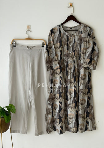 Pleated Yoke Floral Printed Two Piece Set 2175