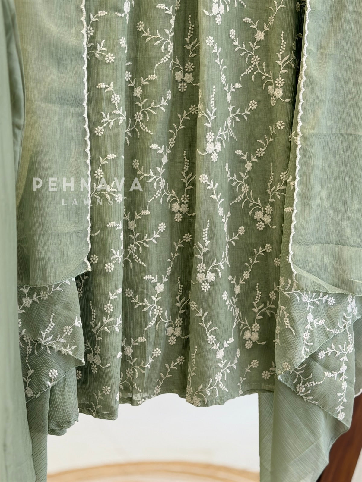 Pleated Yoke Floral Embroidered Suit