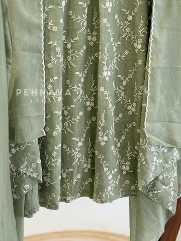 Pleated Yoke Floral Embroidered Suit