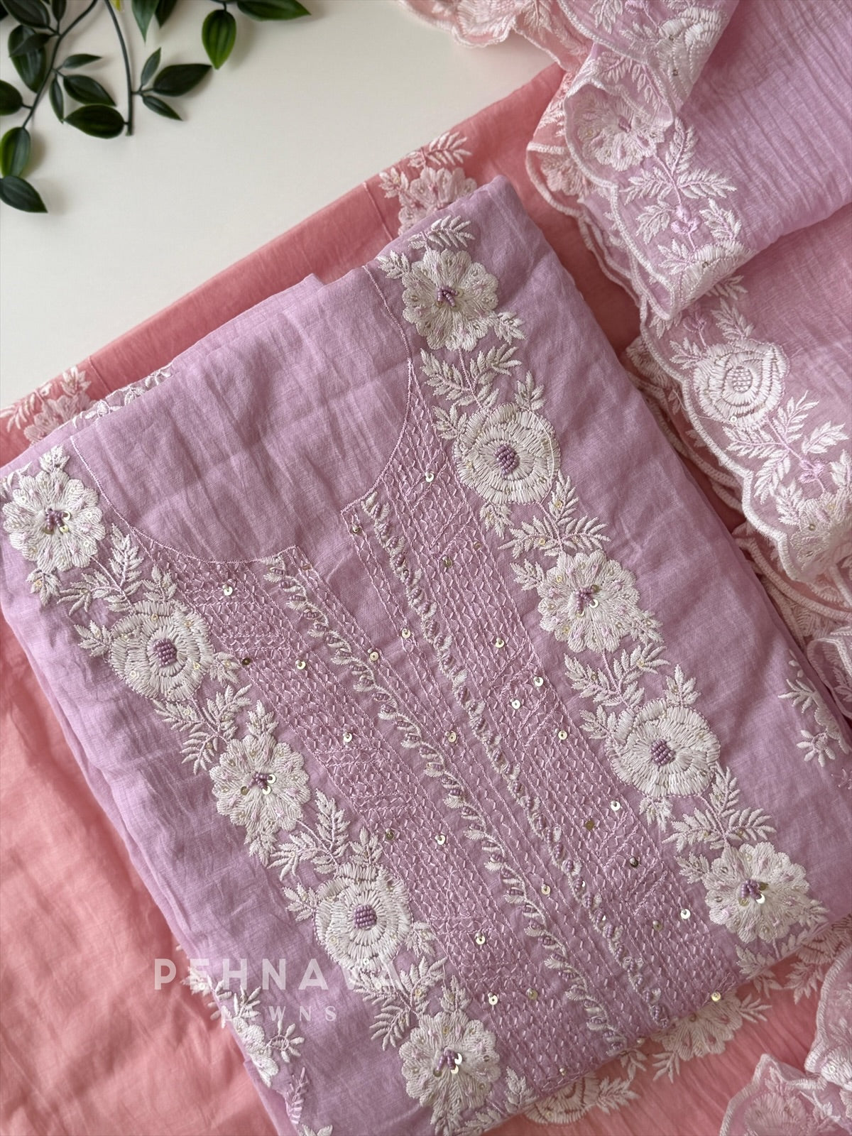 White‑thread Embroidery Unstitched Chanderi Suit-2630