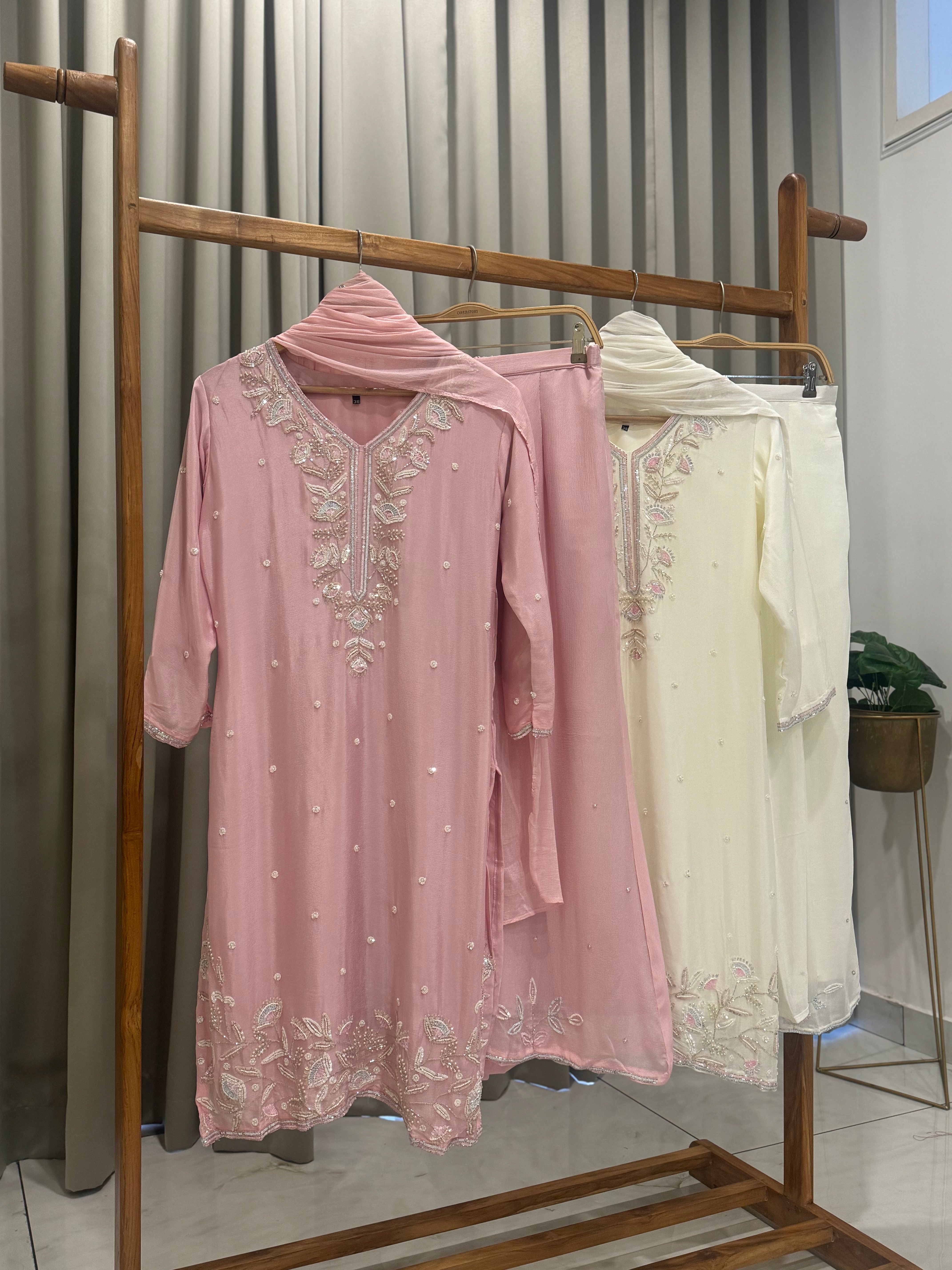 Handworked Chinnon Suit with wide palazzos - Pehnava Lawns