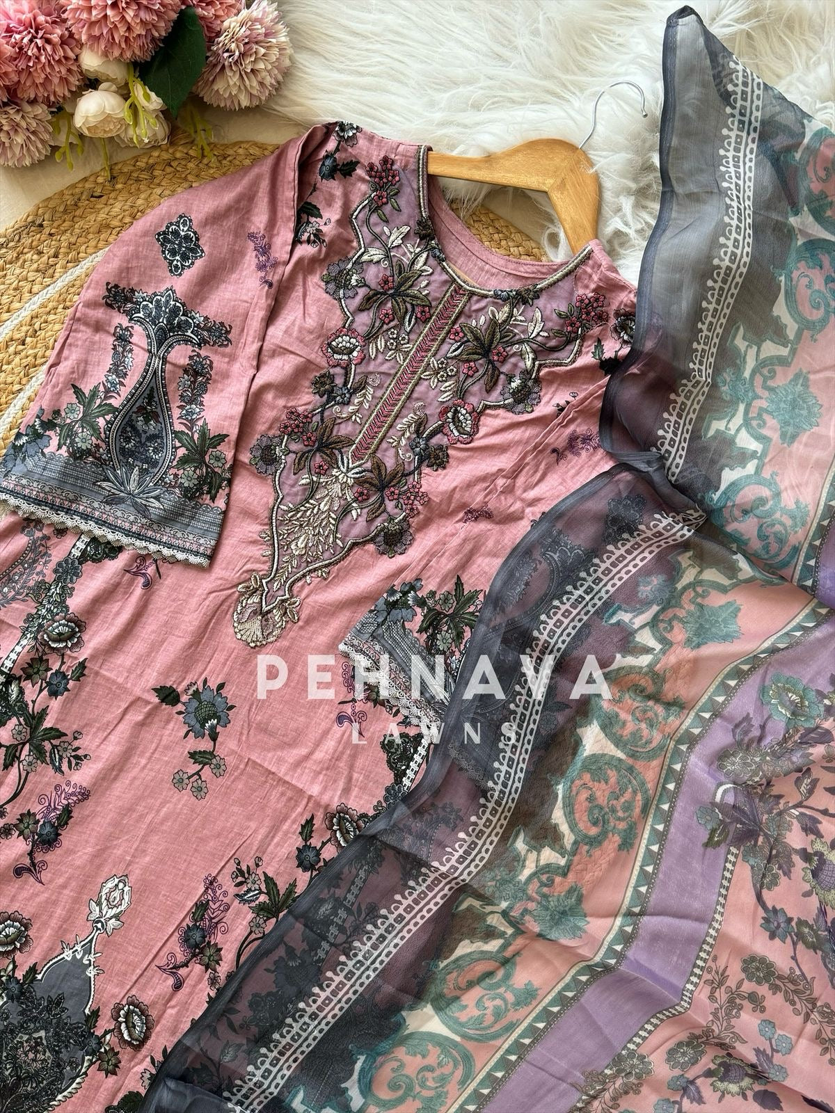 Pakistani printed cotton suit with embroidered patches -9085