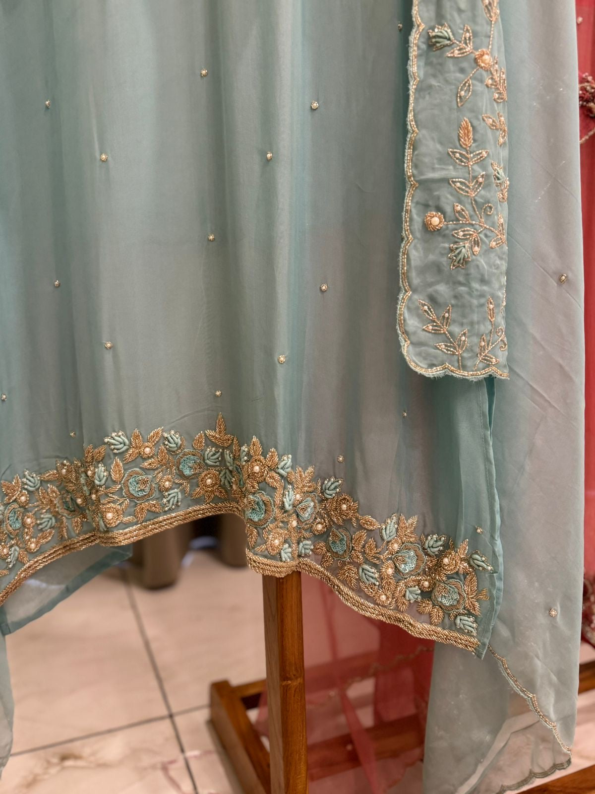 Premium organza  handwork suit with bottom and organza  hand  worked dupatta-1098