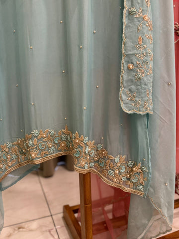 Premium organza  handwork suit with bottom and organza  hand  worked dupatta-1098