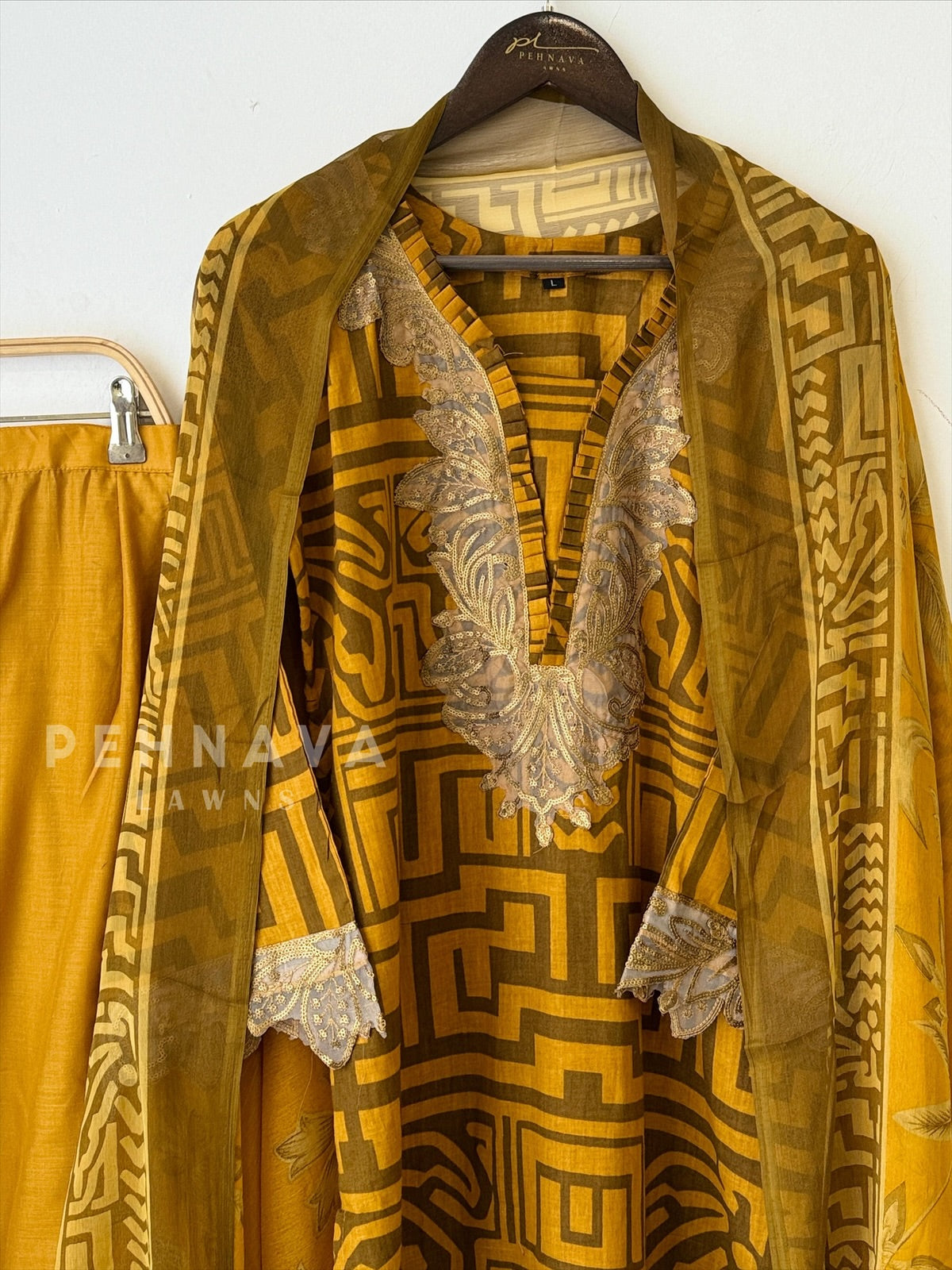 Mustard Printed Lawn Suit with Printed Dupatta-Chiffon -1412 - Pehnava Lawns