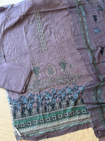 Embroidered  cotton suit with digital printed chiffon dupatta-1
