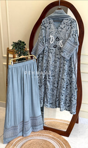 Floral Print Suit with Lace-Olive