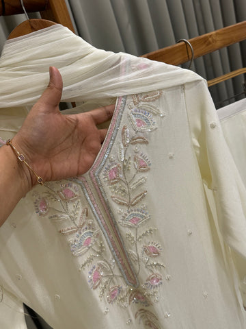 Handworked Chinnon Suit with wide palazzos - Pehnava Lawns