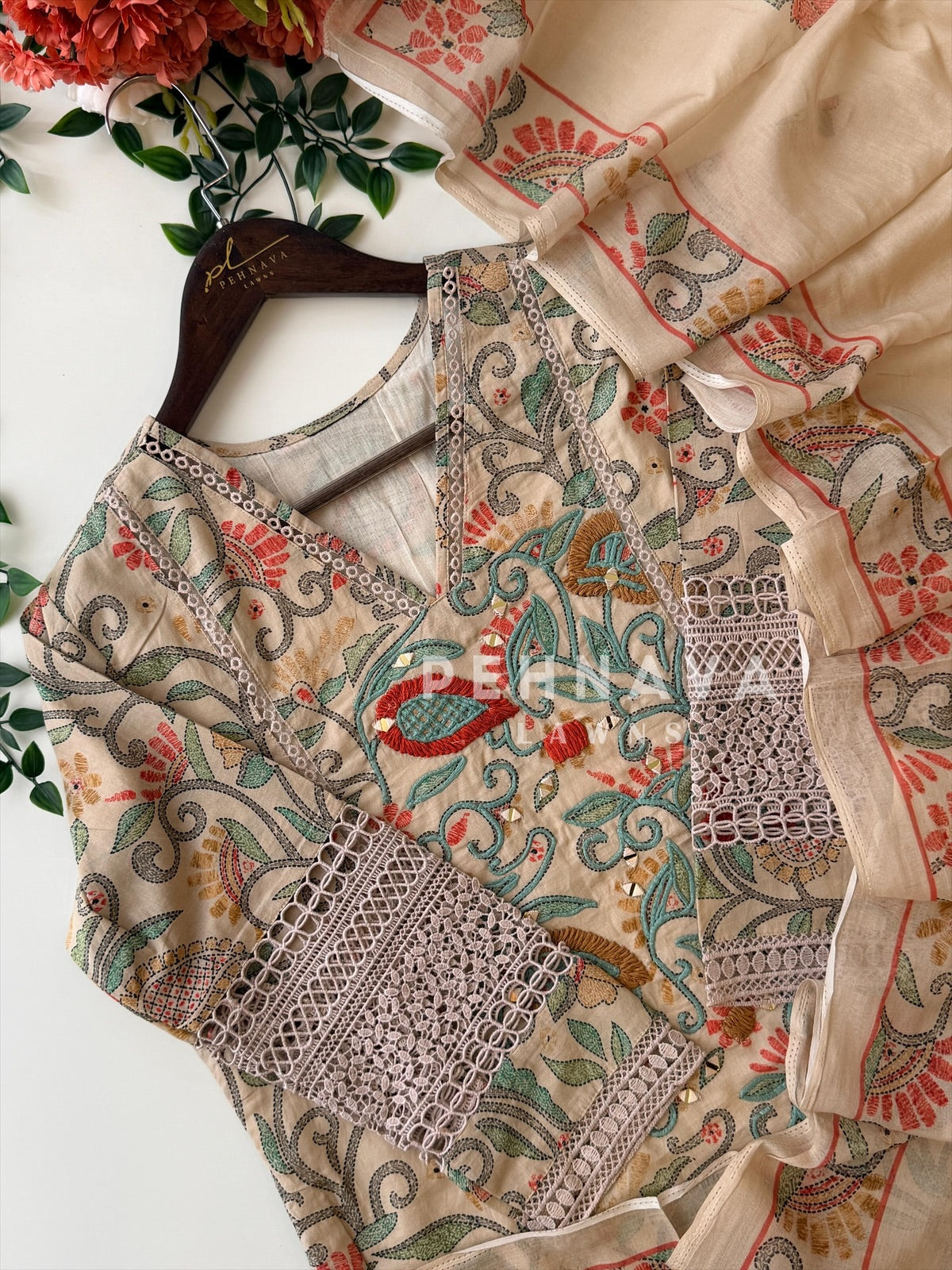 Floral Print Cotton Suit with Lace-6154