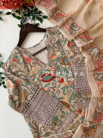 Floral Print Cotton Suit with Lace-6154
