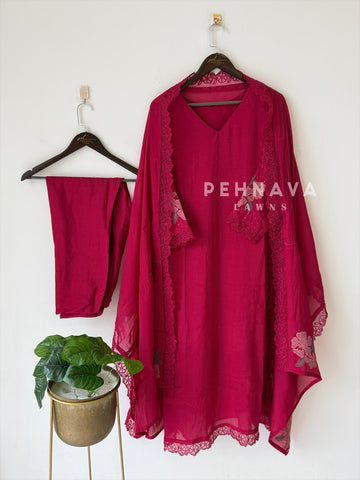 Lace‑Trimmed Embroidery Lawn Suit-16327