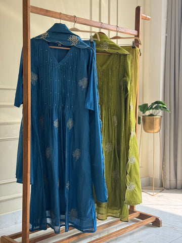 Premium mul silk pleated embroidered suit -color options 4468