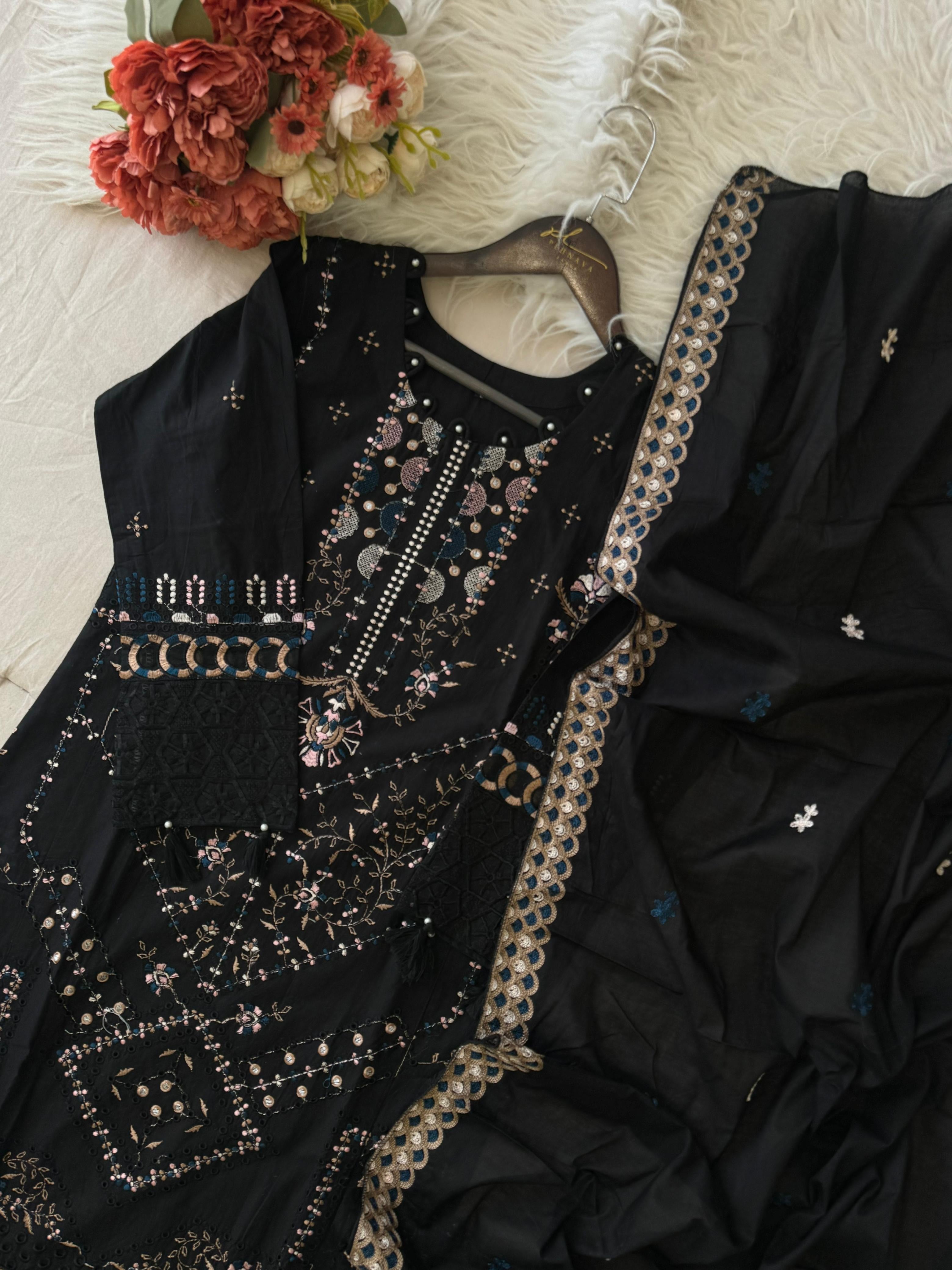 Premium Embroidered Pak-Suit Ft. Cotton Dupatta-Black 3984