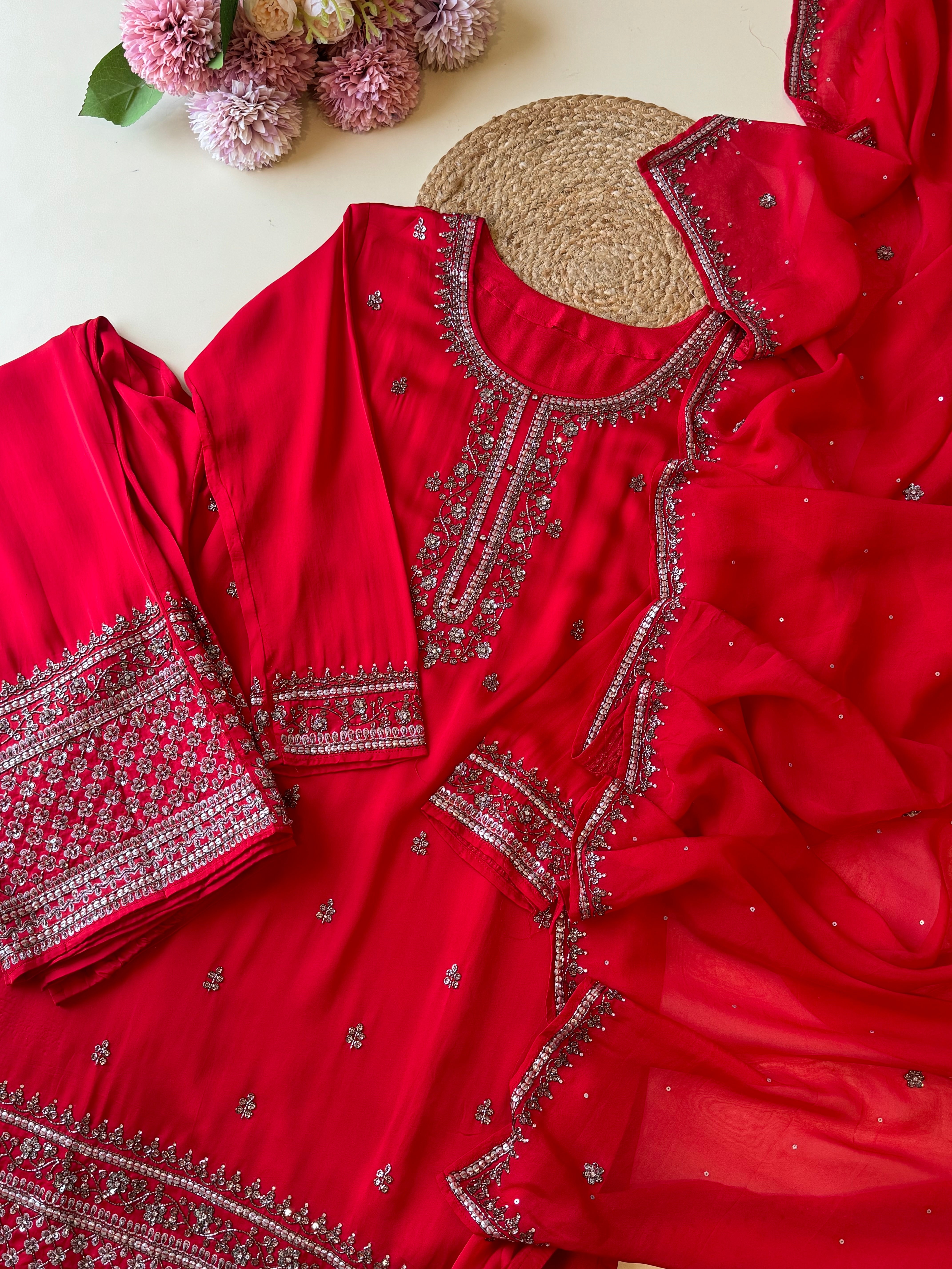 Handworked satin silk Suit with organza heavy dupatta-10160