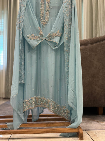 Premium organza  handwork suit with bottom and organza  hand  worked dupatta-1098
