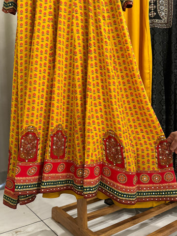 Yellow Flared Pure Crepe Panelled Anarkali