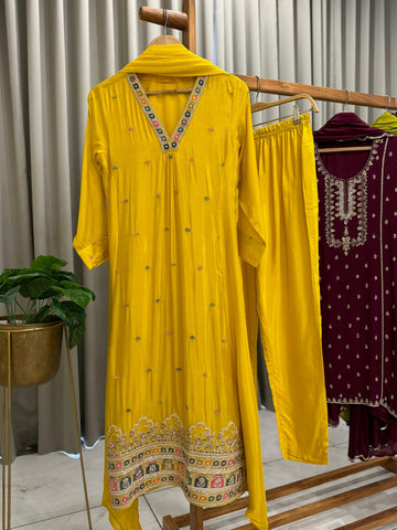 Elegant Crepe embroidered Yellow suit featuring modern flair