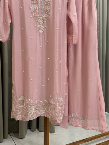 Handworked Chinnon Suit with wide palazzos - Pehnava Lawns