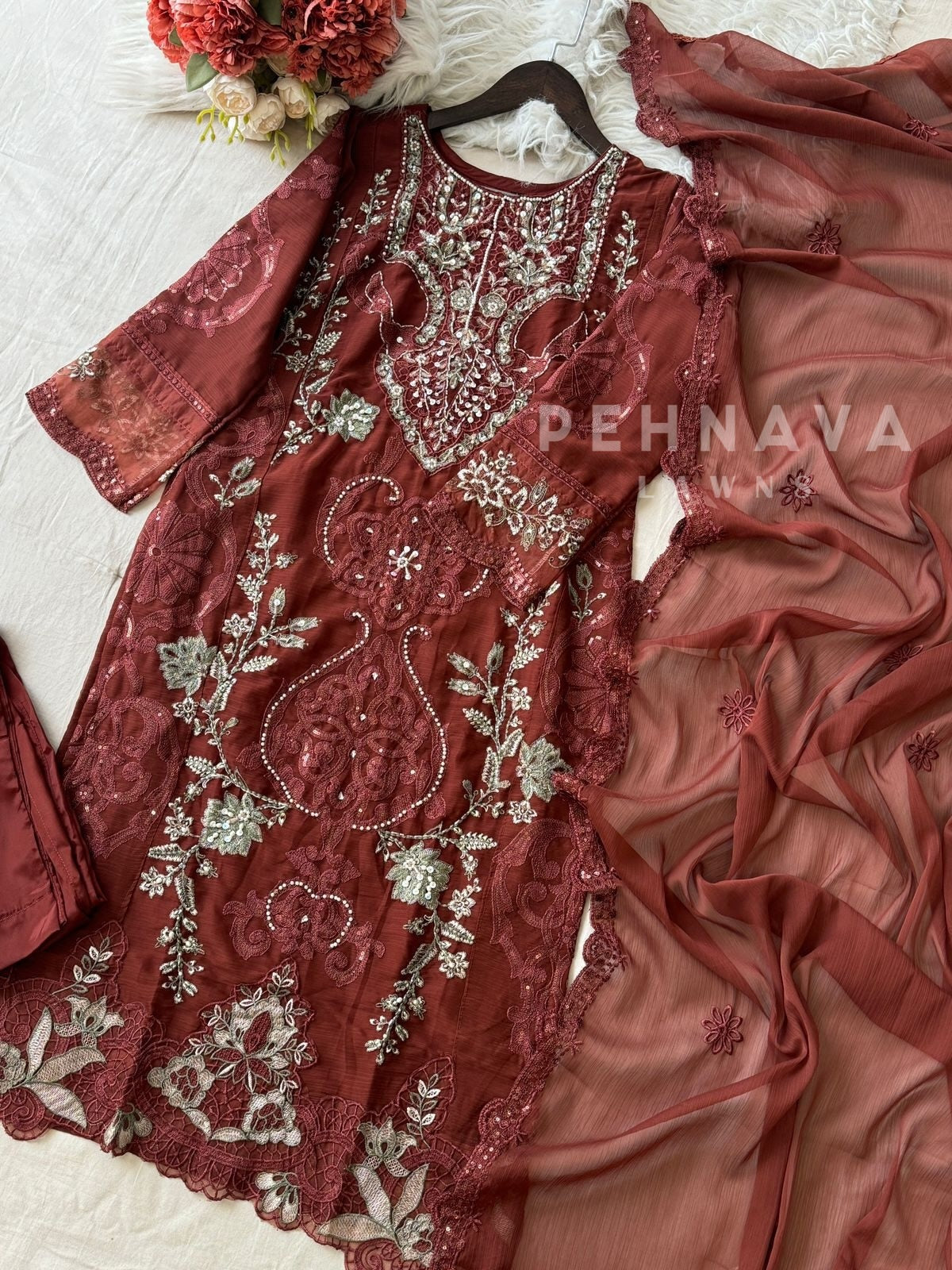 Embroidered Chiffon Suit Set-5232 F