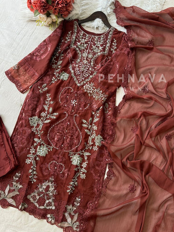 Embroidered Chiffon Suit Set-5232 F